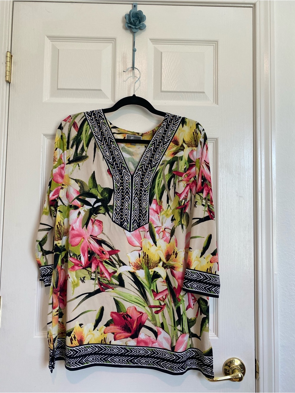JM Collection Floral V-Neck Tunic in Pink, Green and Cream